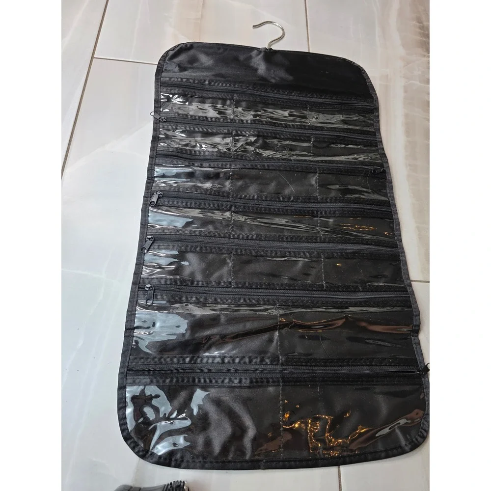 Black Hanging Jewelry Organizer Zippered Clear Pockets‎ Travel Storage 23x13 S3